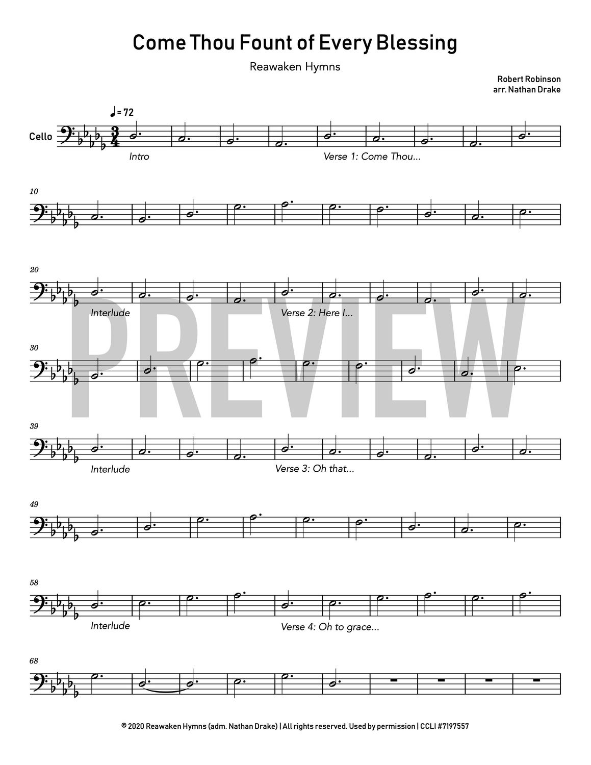 Come Thou Fount Of Every Blessing (Christmas Version) - Cello Sheet Music