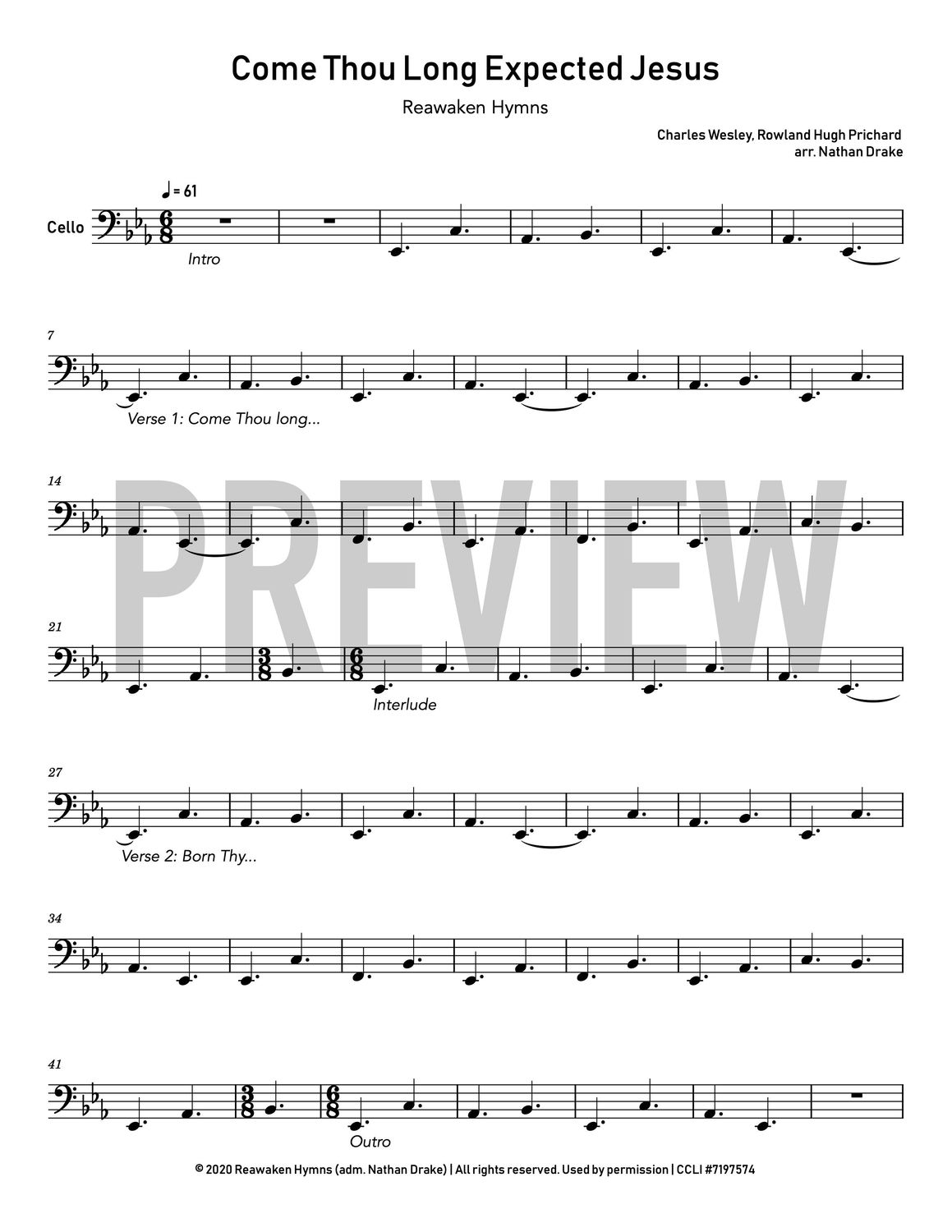Come Thou Long Expected Jesus - Cello Sheet Music