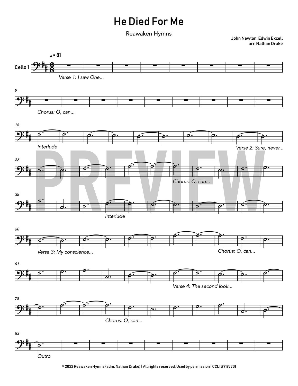 He Died for Me  - Cello Sheet Music (2 parts)