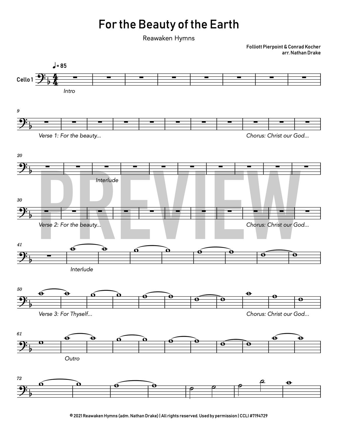 For the Beauty of the Earth - Cello Sheet Music (2 parts)