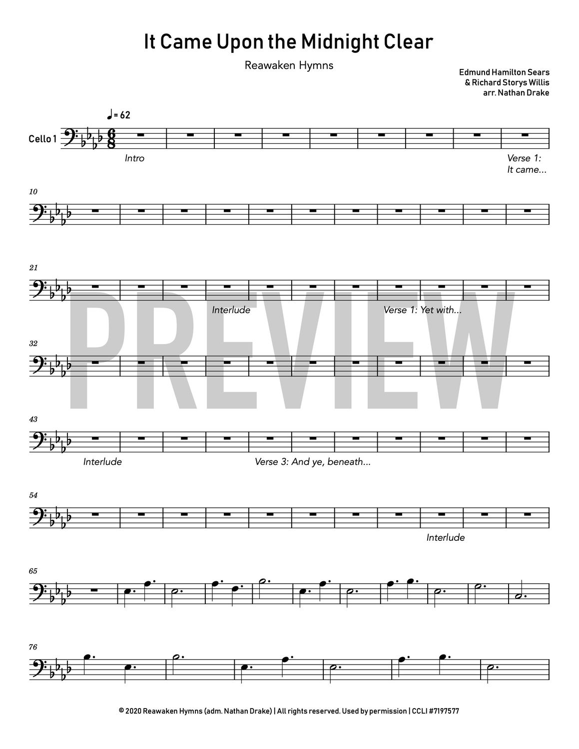 It Came Upon The Midnight Clear - Cello Sheet Music (2 parts)