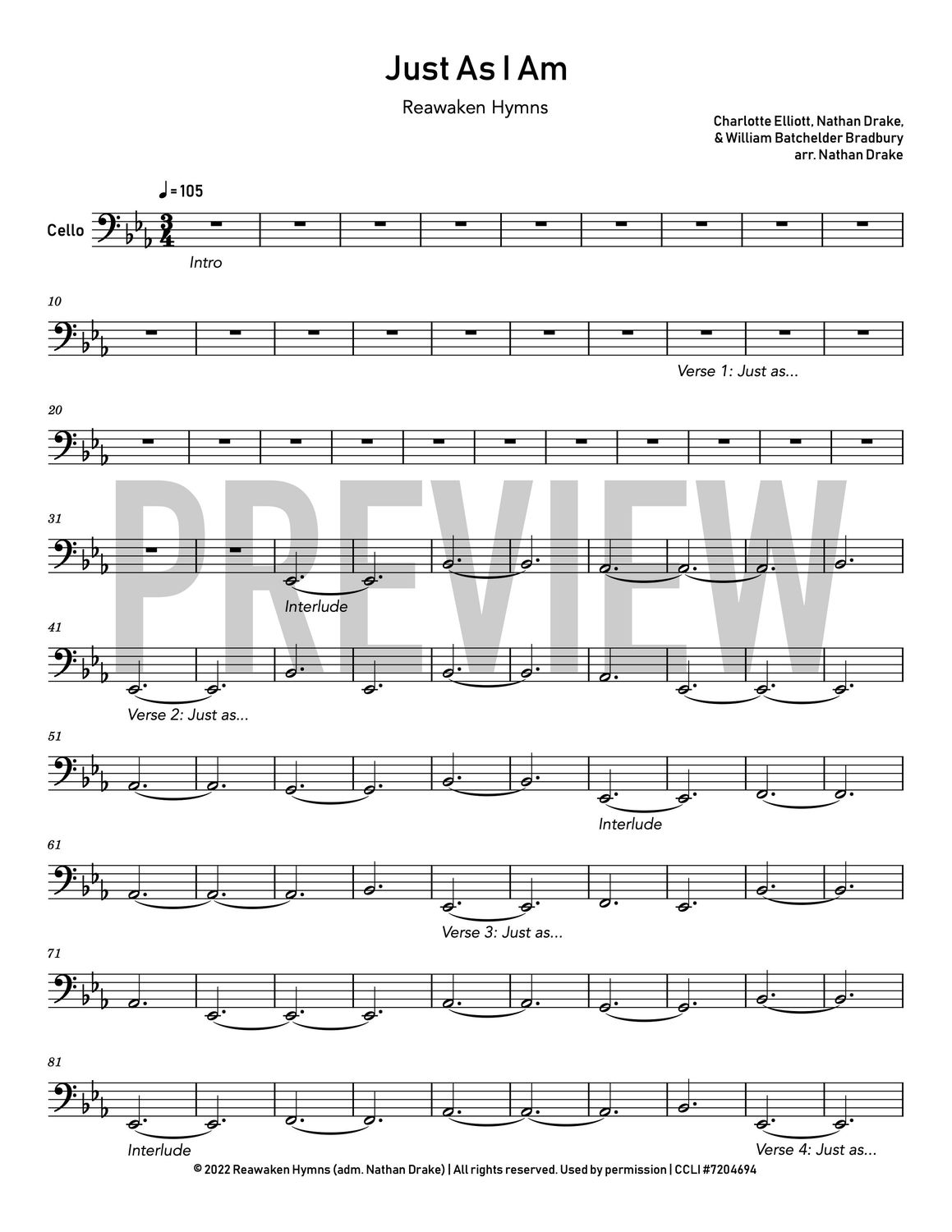 Just As I Am - Cello Sheet Music