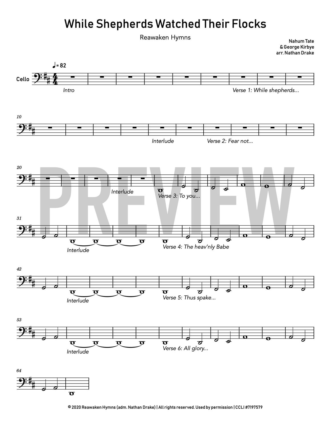 While Shepherds Watched Their Flocks - Cello Sheet Music