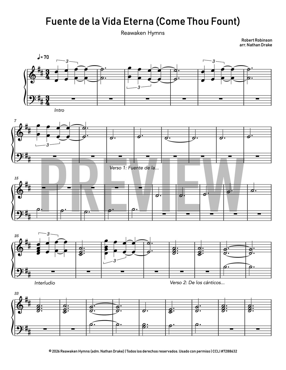 Fuente de la Vida Eterna (Come Thou Fount) - Piano Sheet Music
