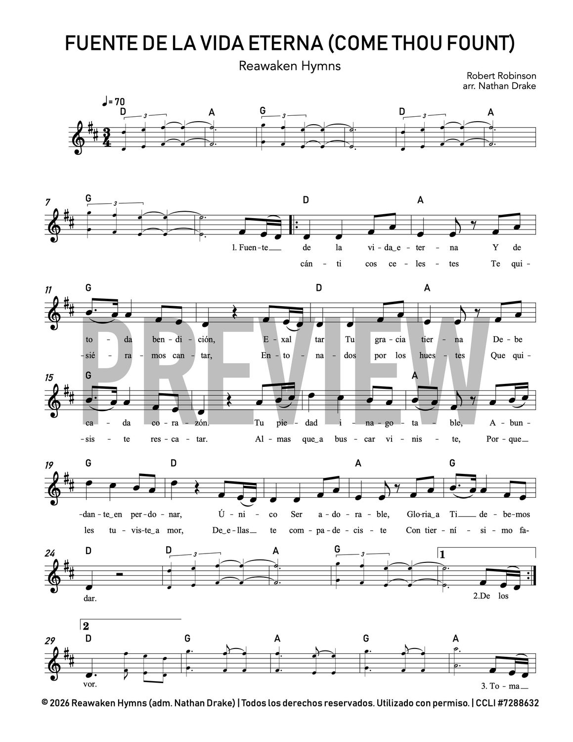 Fuente de la Vida Eterna (Come Thou Fount) - Lead Sheet