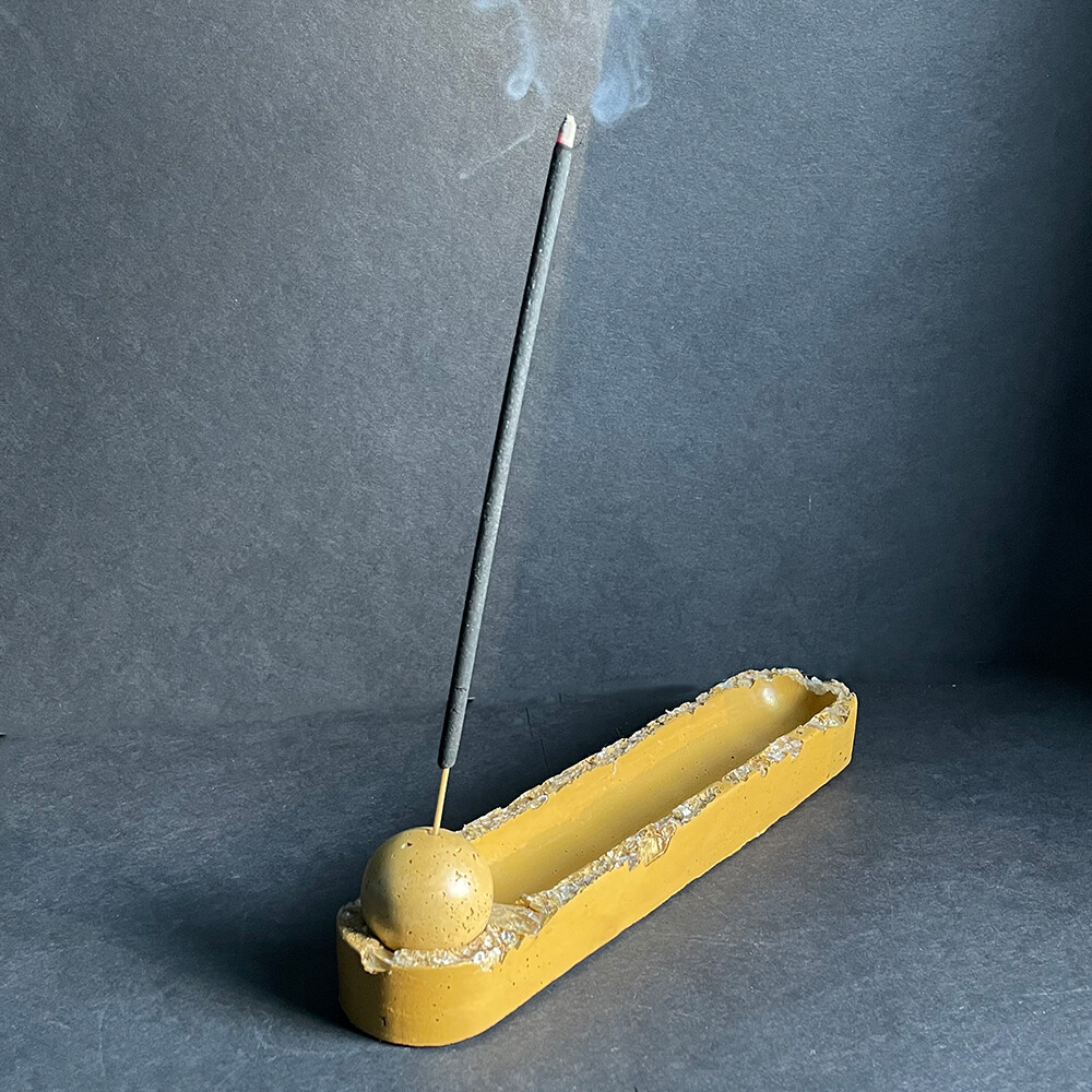 Yellow Incense Burner with Clear Quartz Crystals and Metallic Mica Pigments
