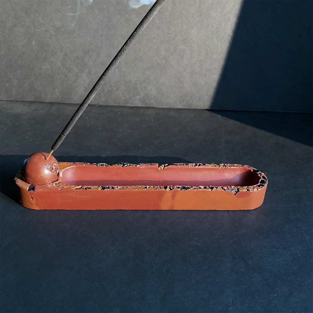 Red and Orange Incense Burner with Black Tourmaline, Yellow Jasper and Gold Mica