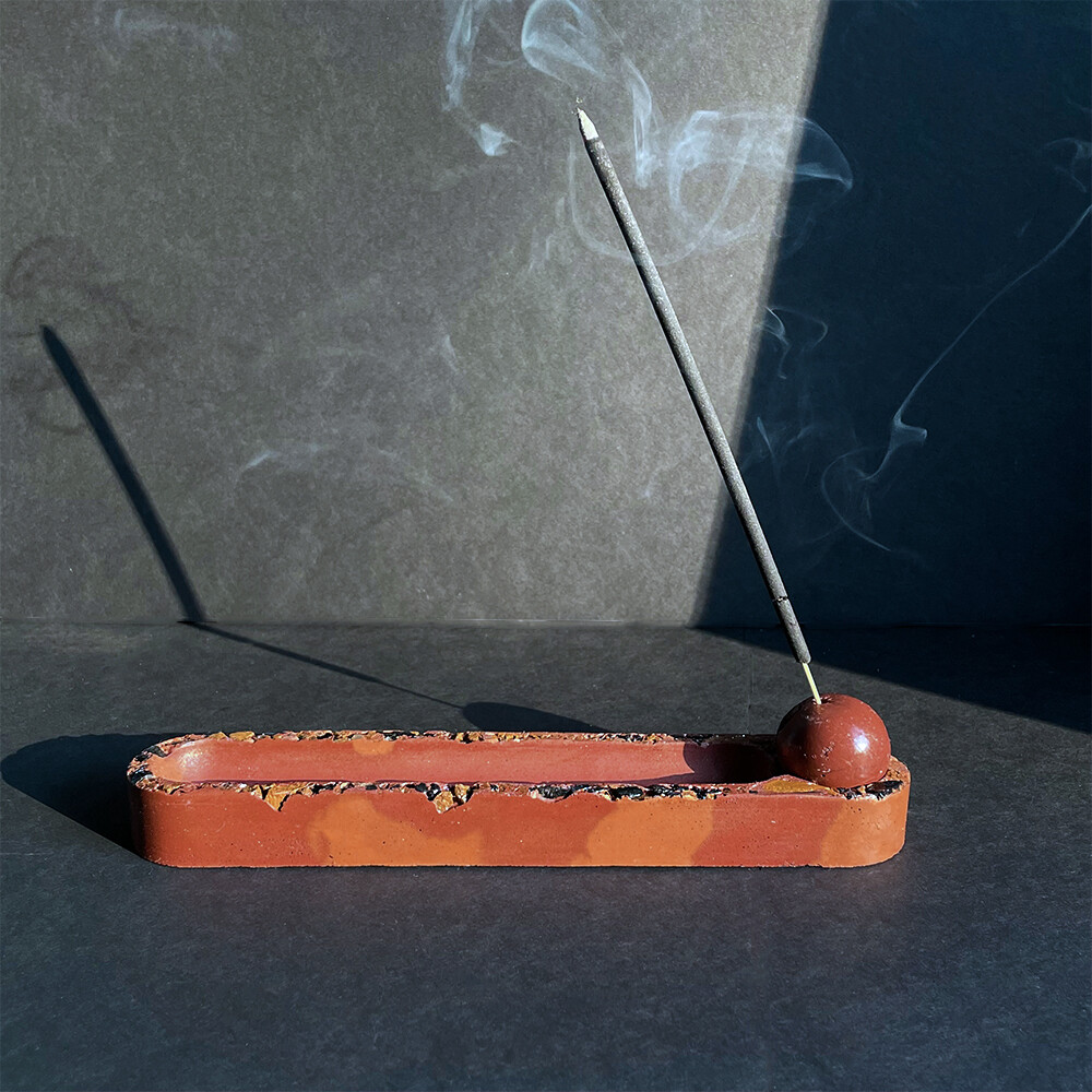 Red and Orange Incense Burner with Black Tourmaline, Yellow Jasper and Gold Mica