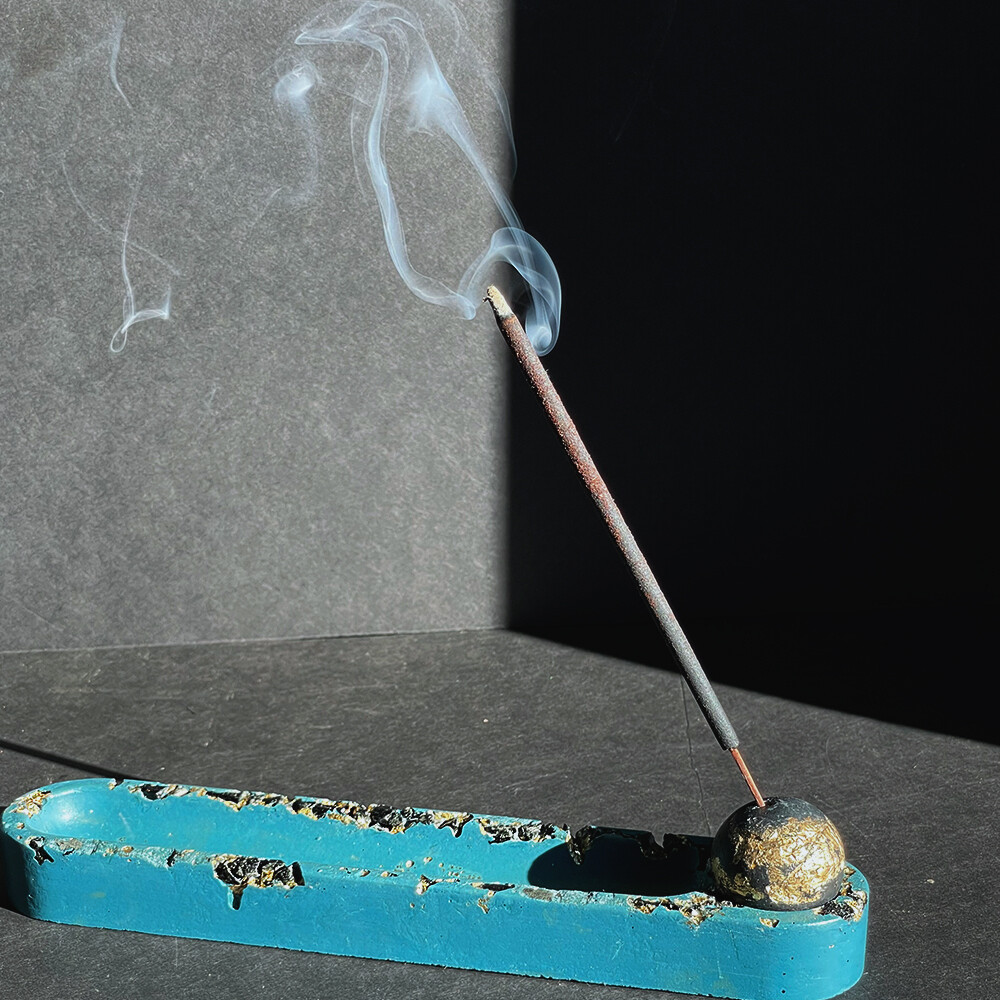 Blue Incense Burner with Black Tourmaline and Gold Leaf