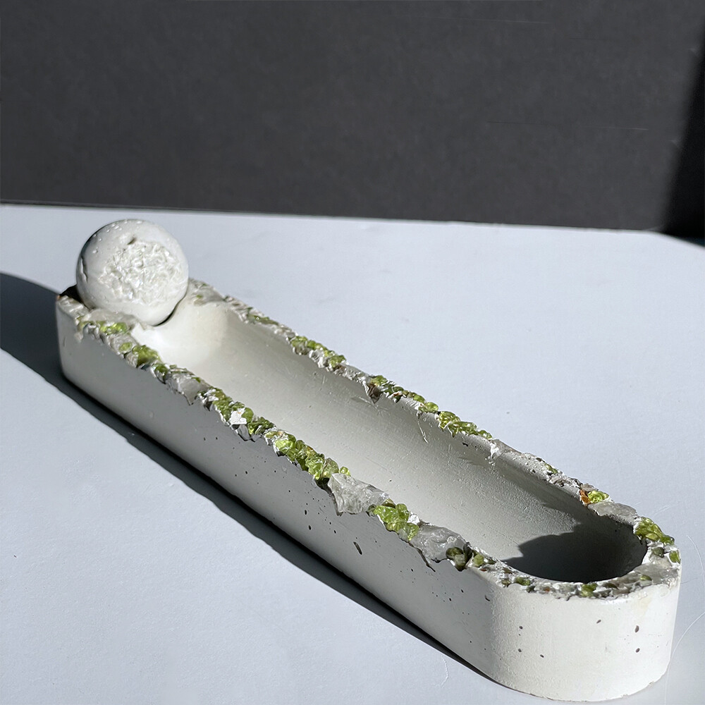 White Incense Burner with Peridot, Clear Quartz Crystals and Silver Mica