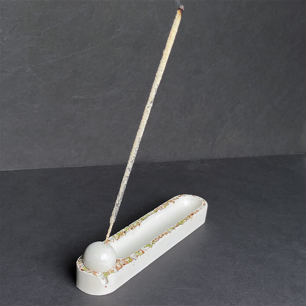 White Incense Burner with Peridot, Clear Quartz Crystals and Gold Mica