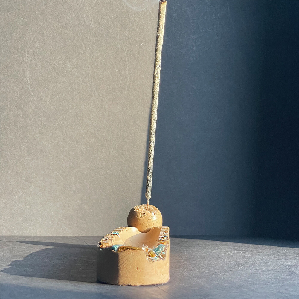 Peach Incense Burner with Blue Apatite, Clear Quartz Crystals, Yellow Jasper and Gold Mica