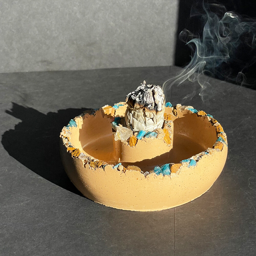 Peach Censer Bowl with Blue Apatite, Clear Quartz Crystals, Yellow Jasper and Gold Mica