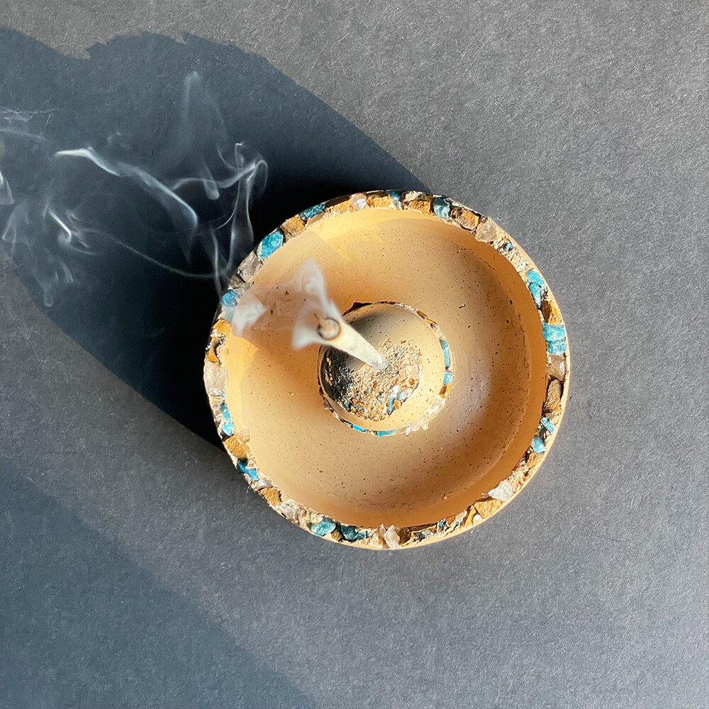 Peach Censer Bowl with Blue Apatite, Clear Quartz Crystals, Yellow Jasper and Gold Mica