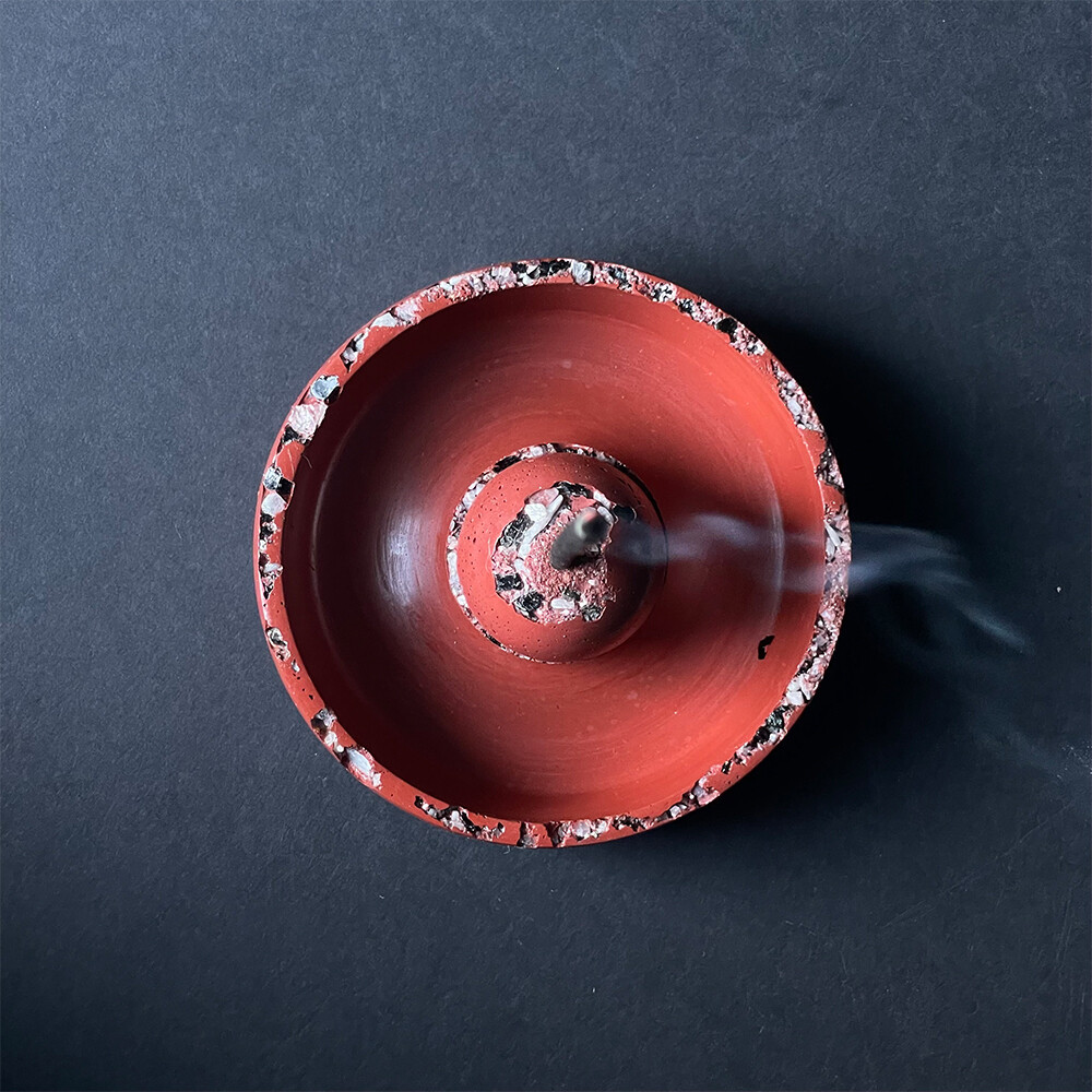 Red Censer Bowl with Black Tourmaline and Moonstone