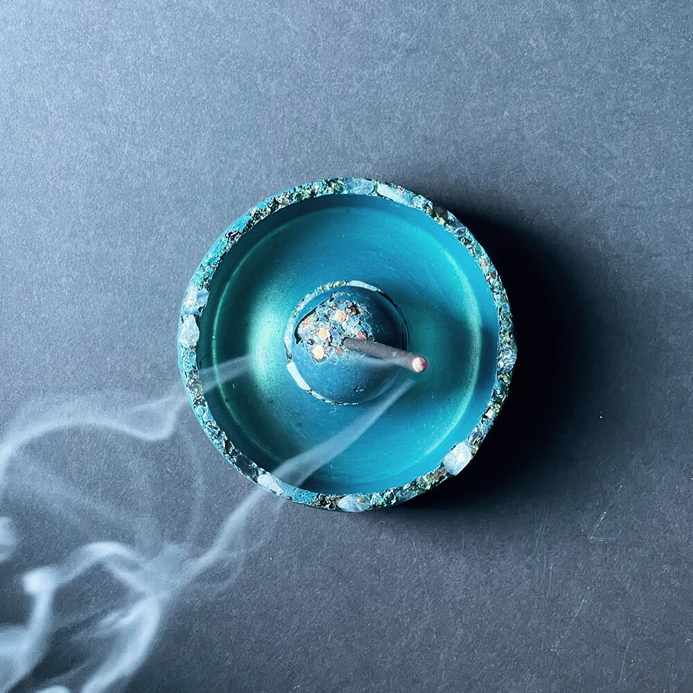 Blue Censer Bowl with Peridot, Clear Quartz Crystals and Gold Mica