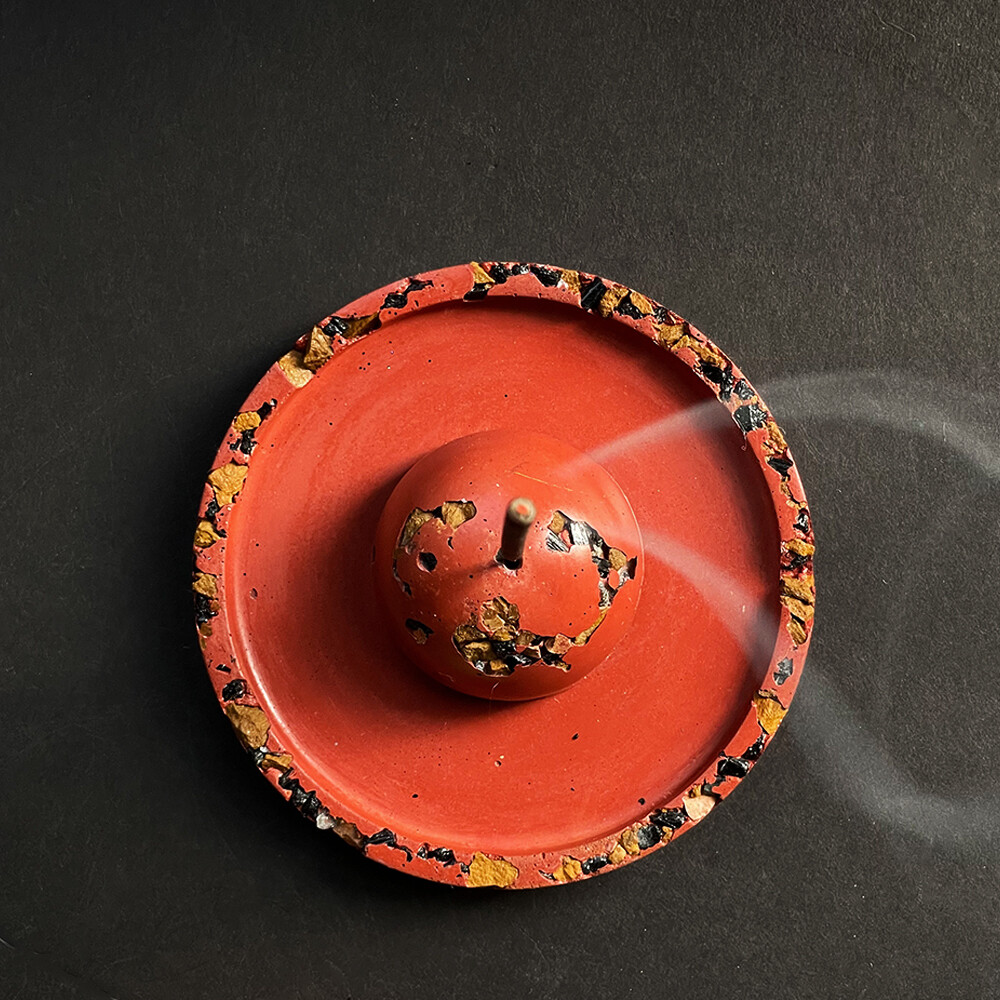 Red Incense Burner with Yellow Jasper, Black Tourmaline and Gold Mica