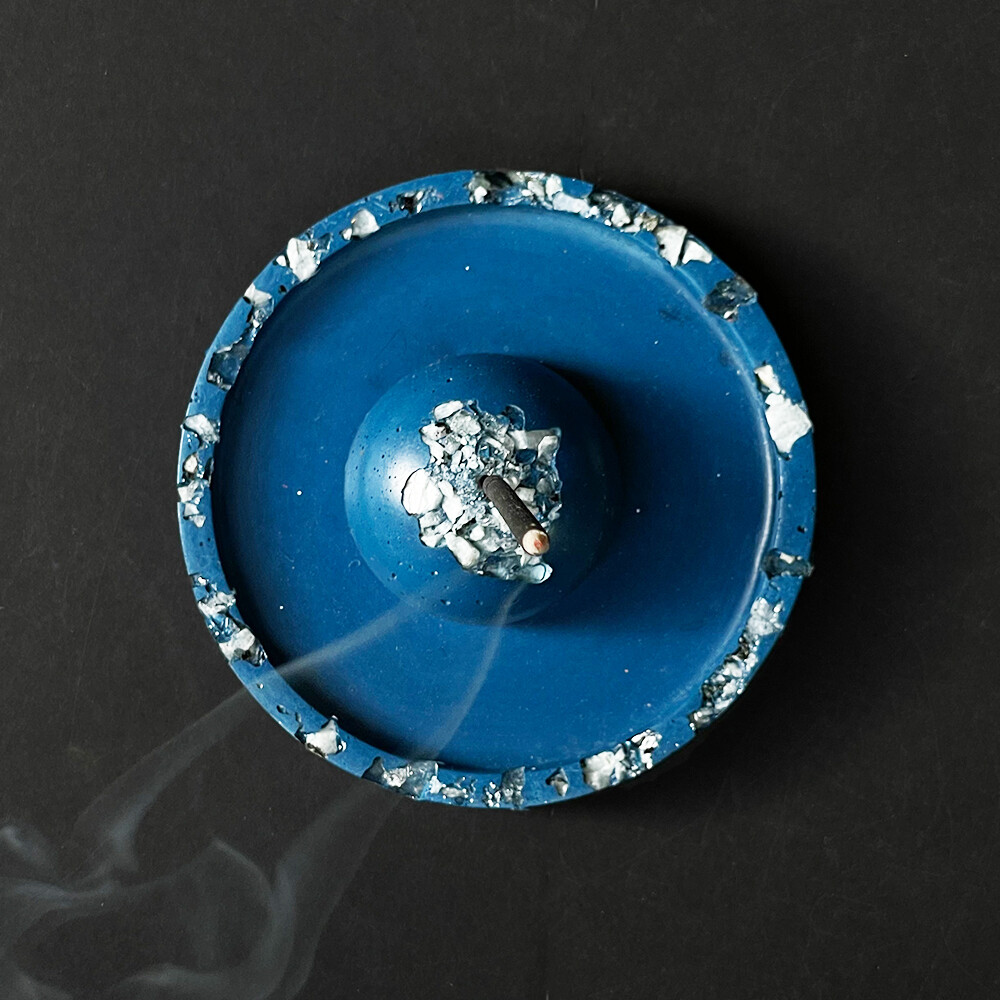Blue Incense Burner with Moonstone and Clear Quartz Crystals