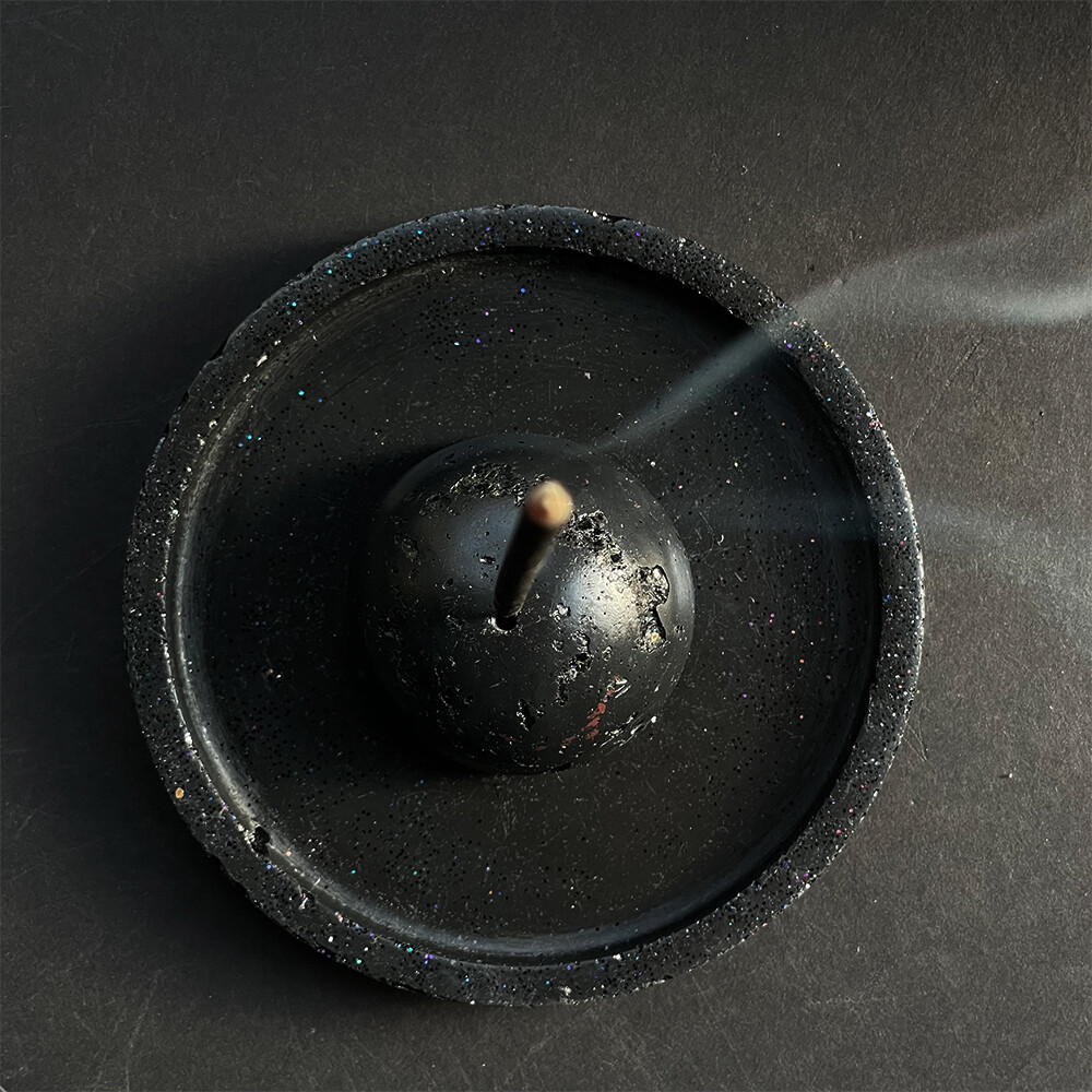 Black Incense Burner and Tray with Holographic Glitter