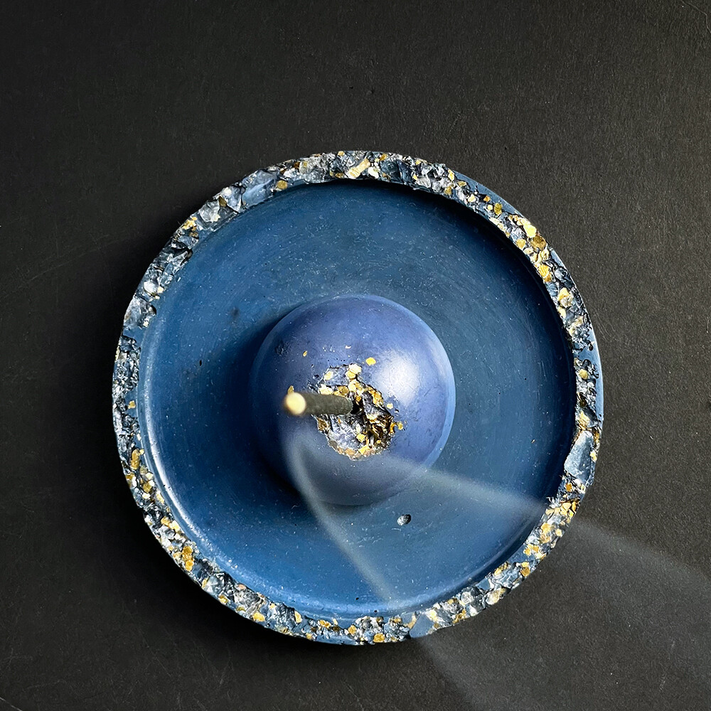 Blue Incense Burner with Clear Quartz Crystals and Gold Mica
