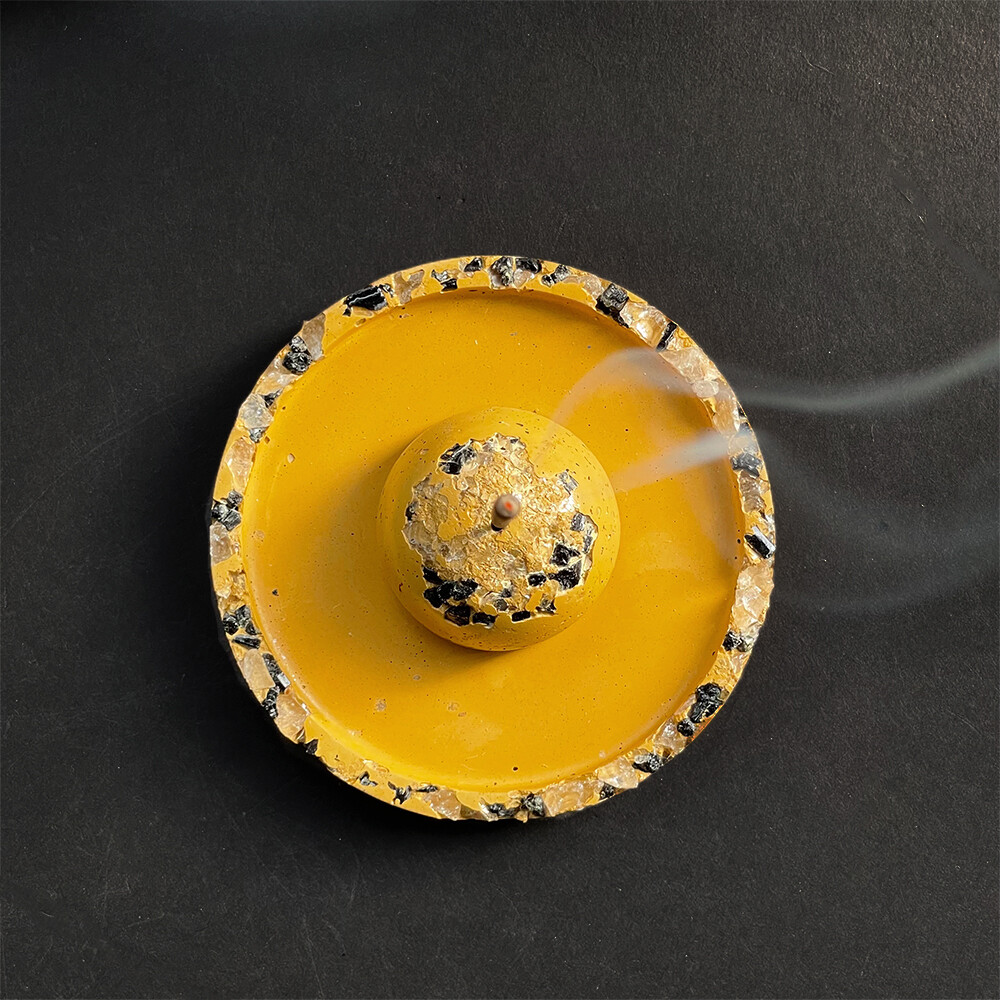 Yellow Incense Burner with Black Tourmaline and Clear Quartz Crystals