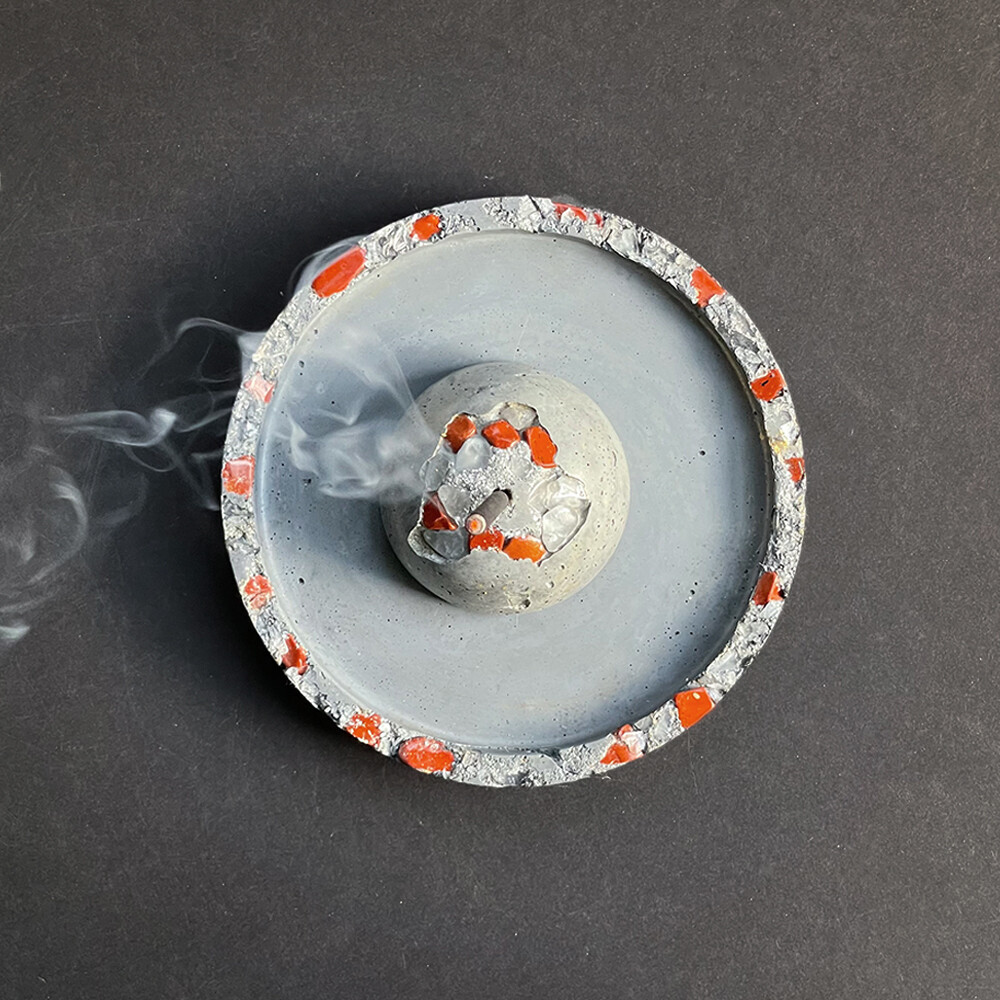 Gray Incense Burner and Tray with Red Jasper and Clear Quartz Crystals
