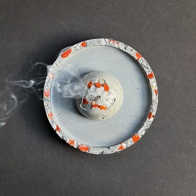 Gray Incense Burner and Tray with Red Jasper and Clear Quartz Crystals