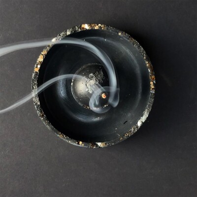 Black Censer Bowl with Moonstone, Clear Quartz Crystals, and Gold Mica