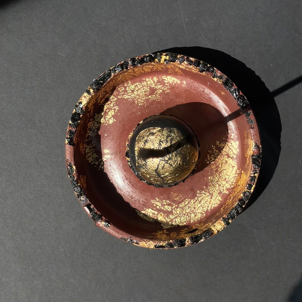 Maroon Censer Bowl with Black Tourmaline and Gold Leaf