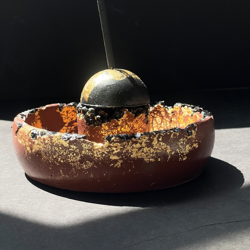 Maroon Censer Bowl with Black Tourmaline and Gold Leaf