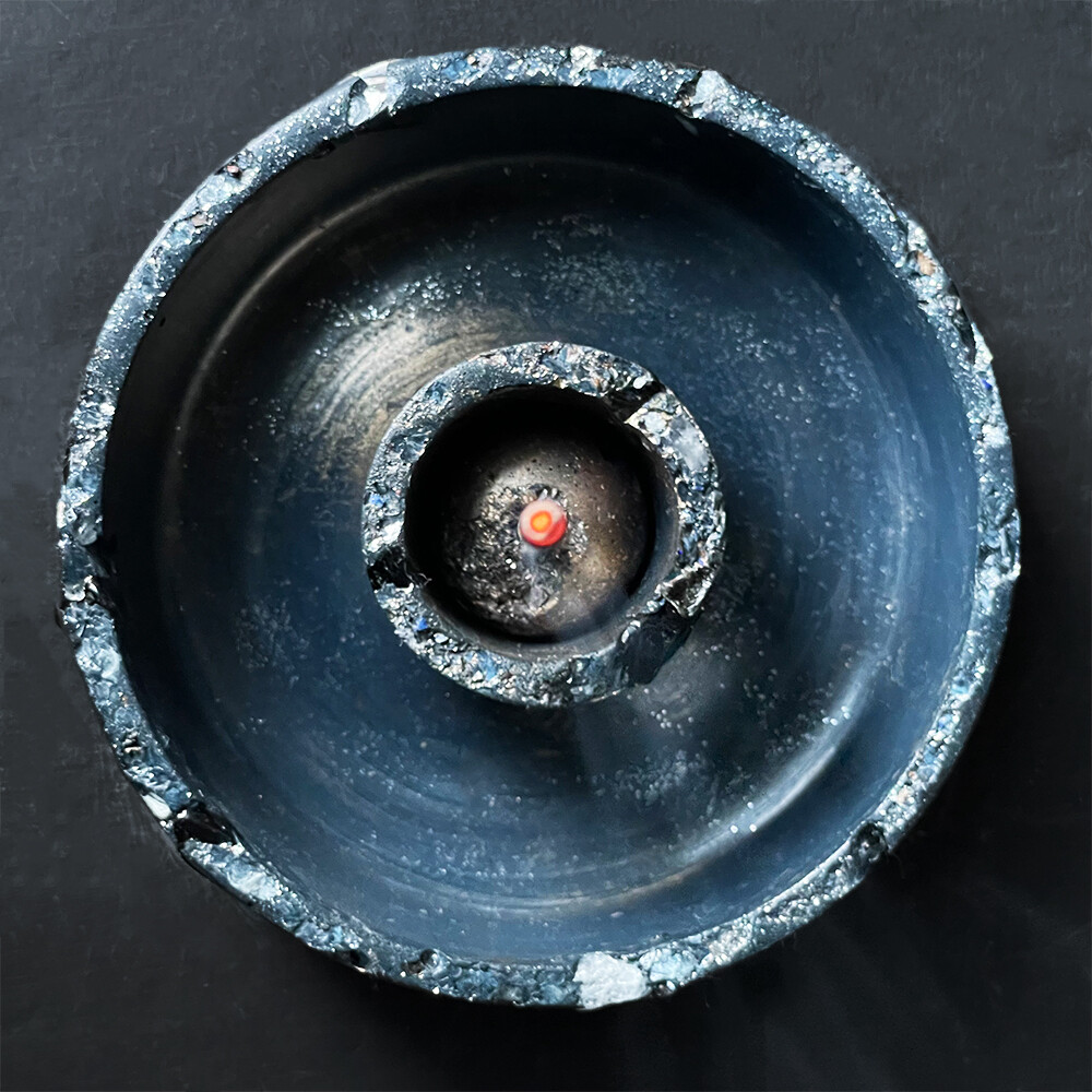 Blue Censer Bowl with Clear Quartz Crystals, Obsidian and Silver Mica
