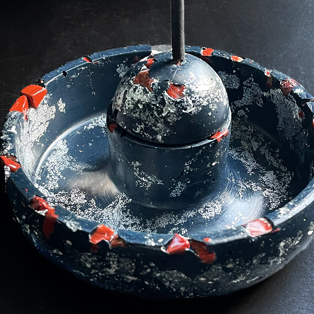 Blue Censer Bowl with Silver Leaf and Red Jasper