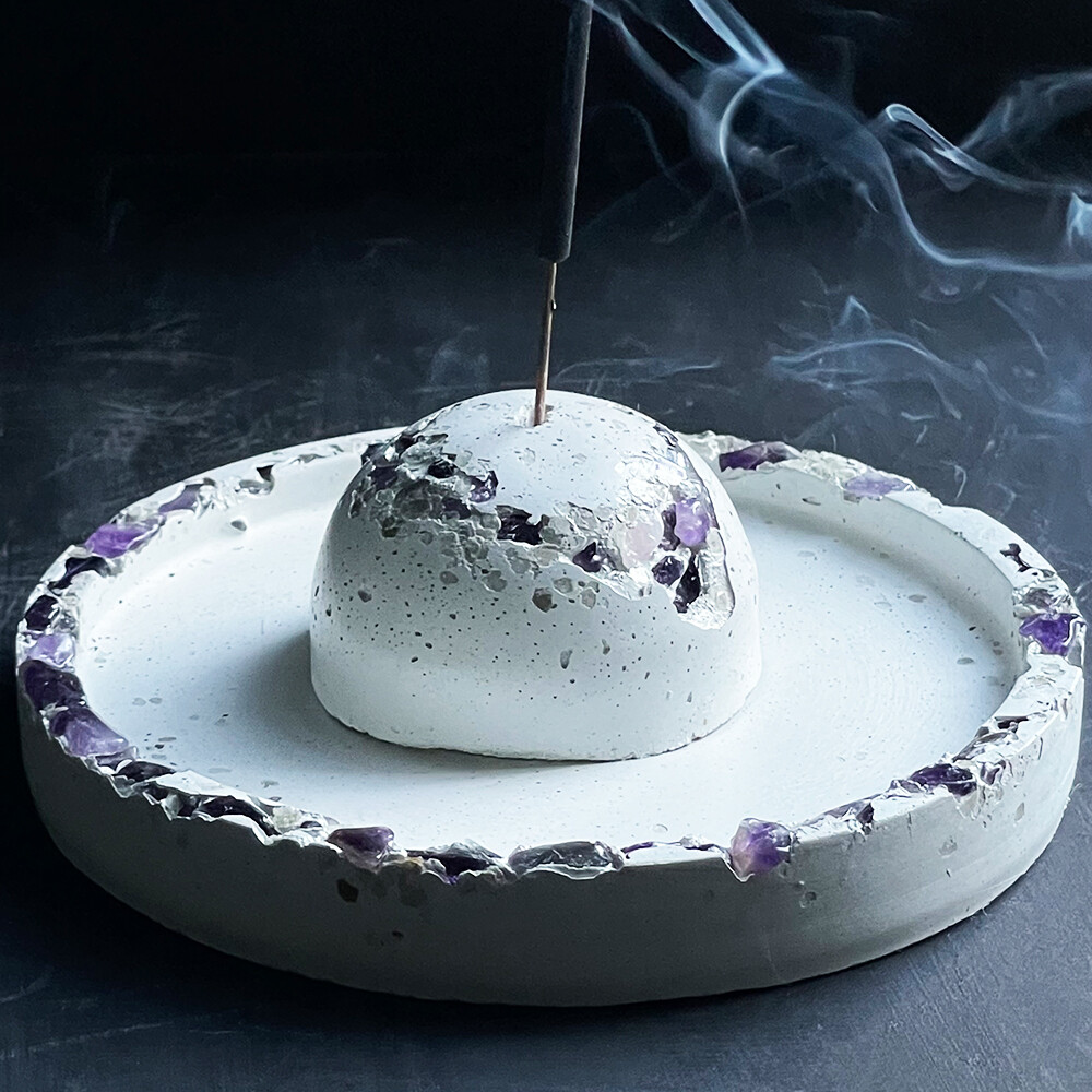 White Incense Burner with Amethyst Crystals and Silver Mica