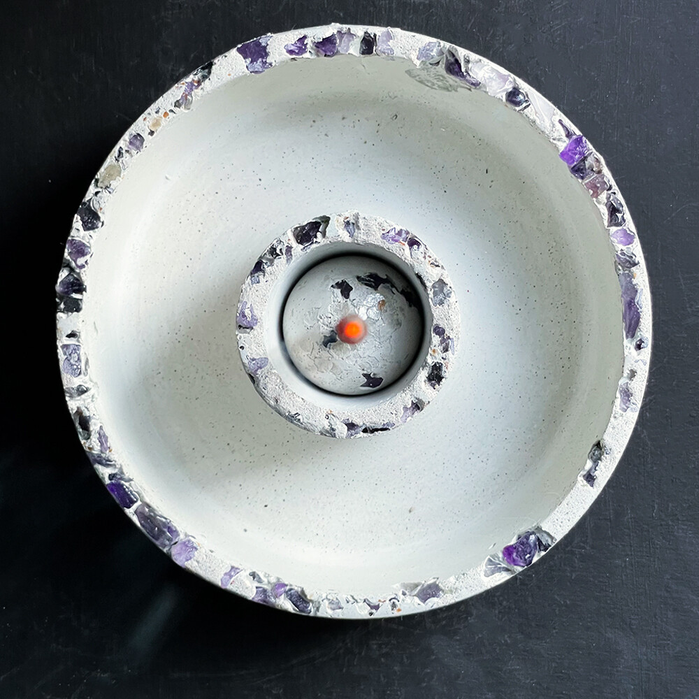 White Censer Bowl with Amethyst Crystals
