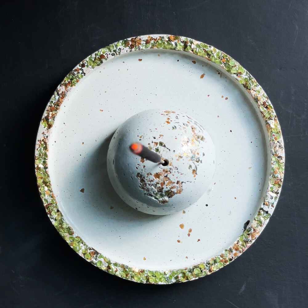 White Cement Incense Burner and Tray with Peridot and Gold MIca