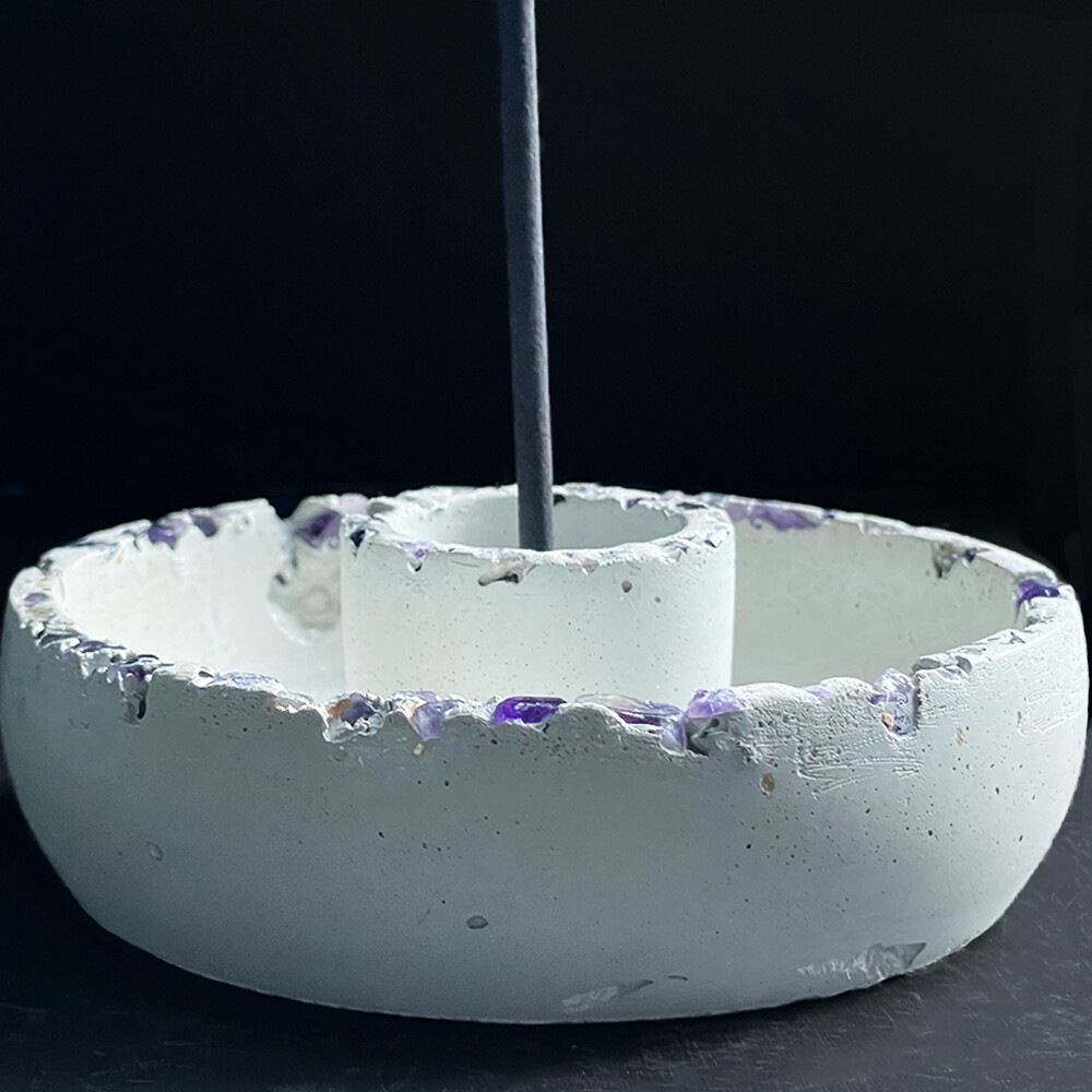 White Censer Bowl with Amethyst Crystals