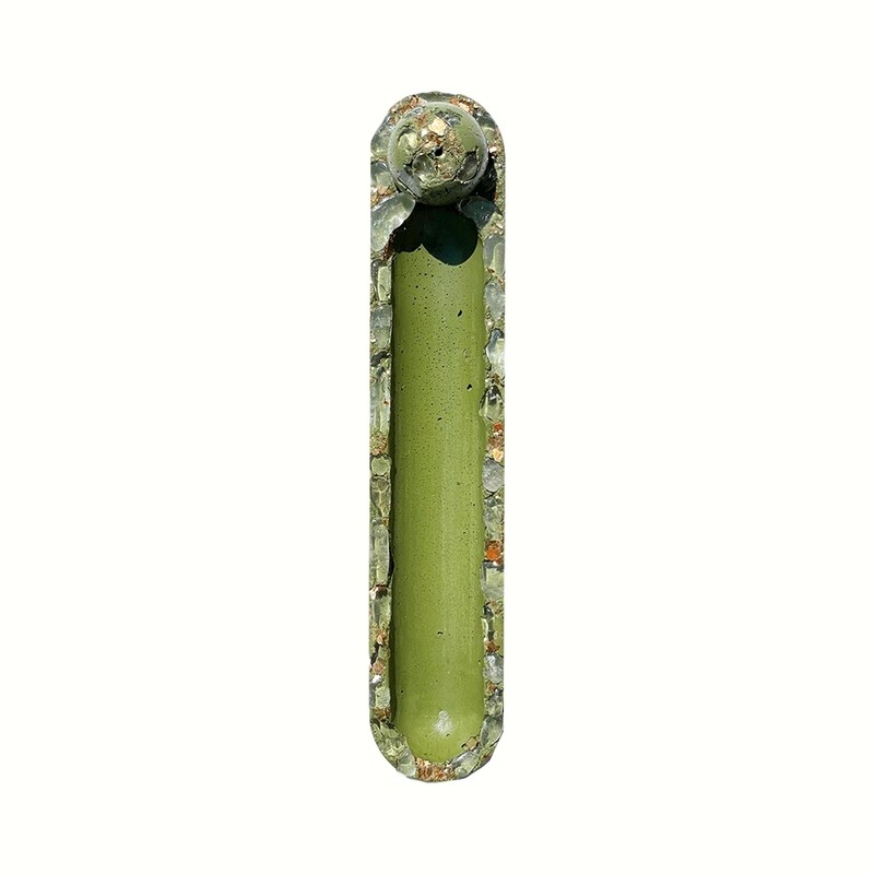 Green Incense Burner with Clear Quartz Crystals and Gold Mica