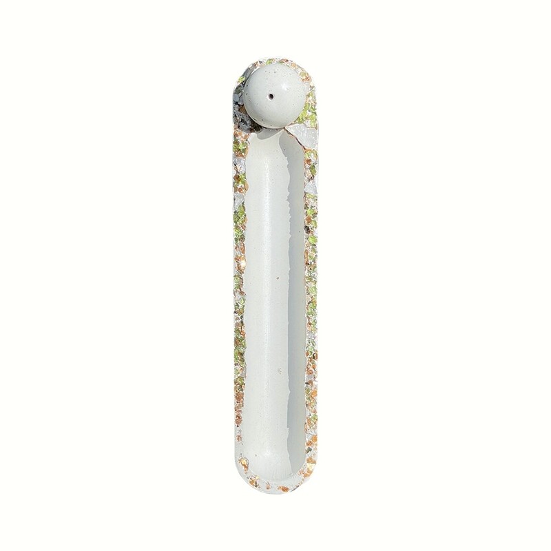 White Incense Burner with Peridot, Clear Quartz Crystals and Gold Mica