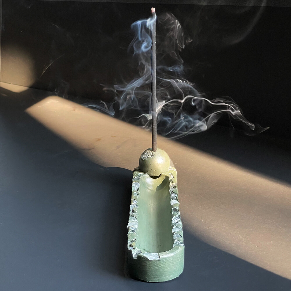 Green Cement Incense Burner with Clear Quartz Crystals and Metallic Mica Pigments