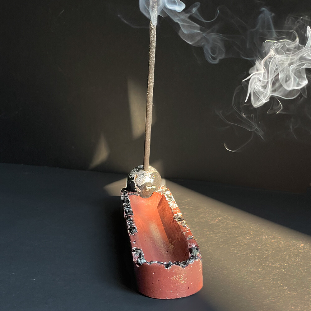 Maroon Incense Burner with Black Tourmaline and Silver Leaf