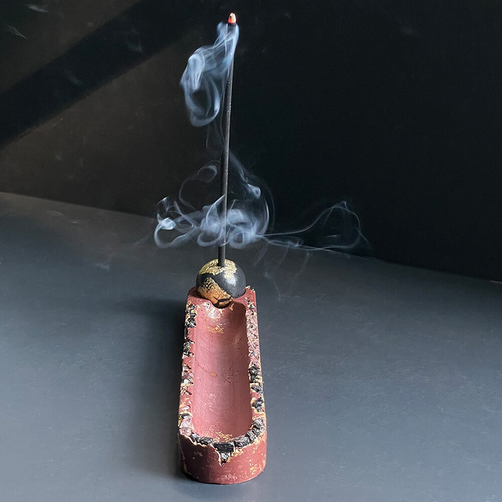 Maroon Incense Burner with Black Tourmaline and Gold Leaf