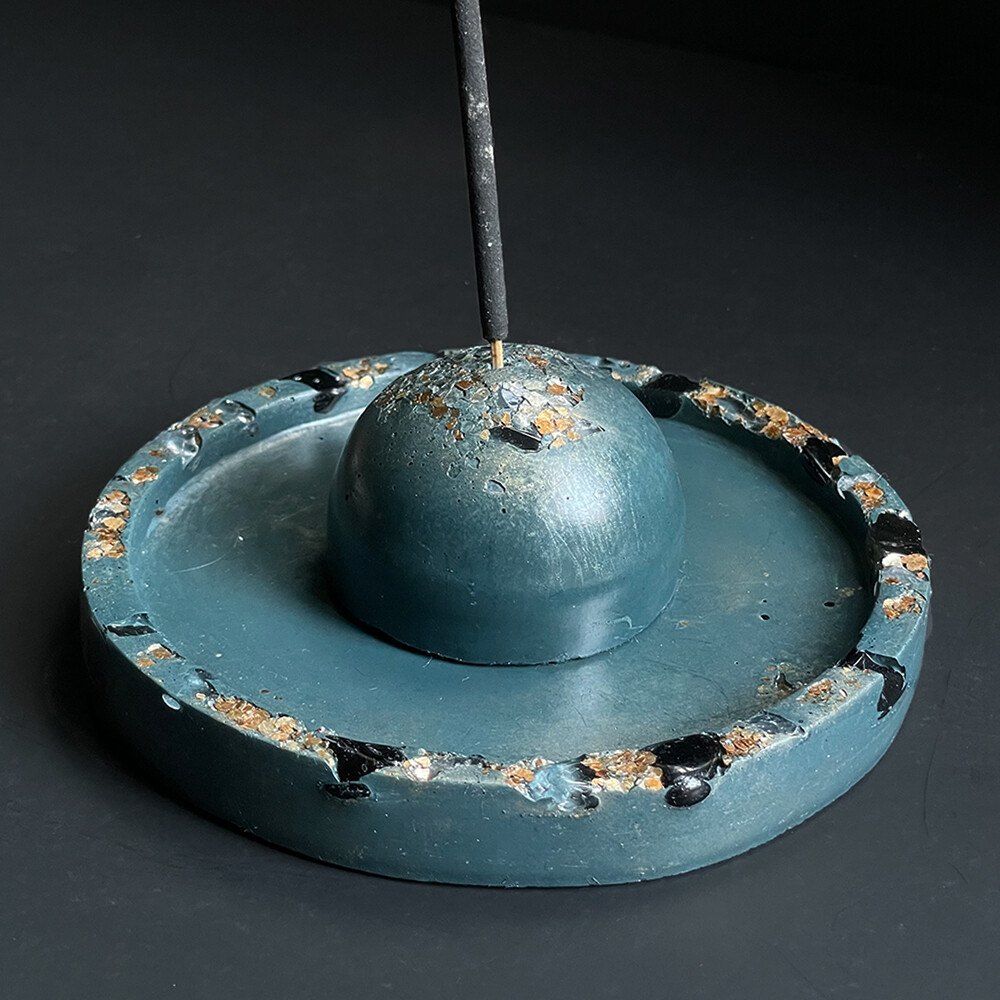 Blue-Green Incense Burner and Tray with Clear Quartz Crystals, Obsidian and Gold Mica