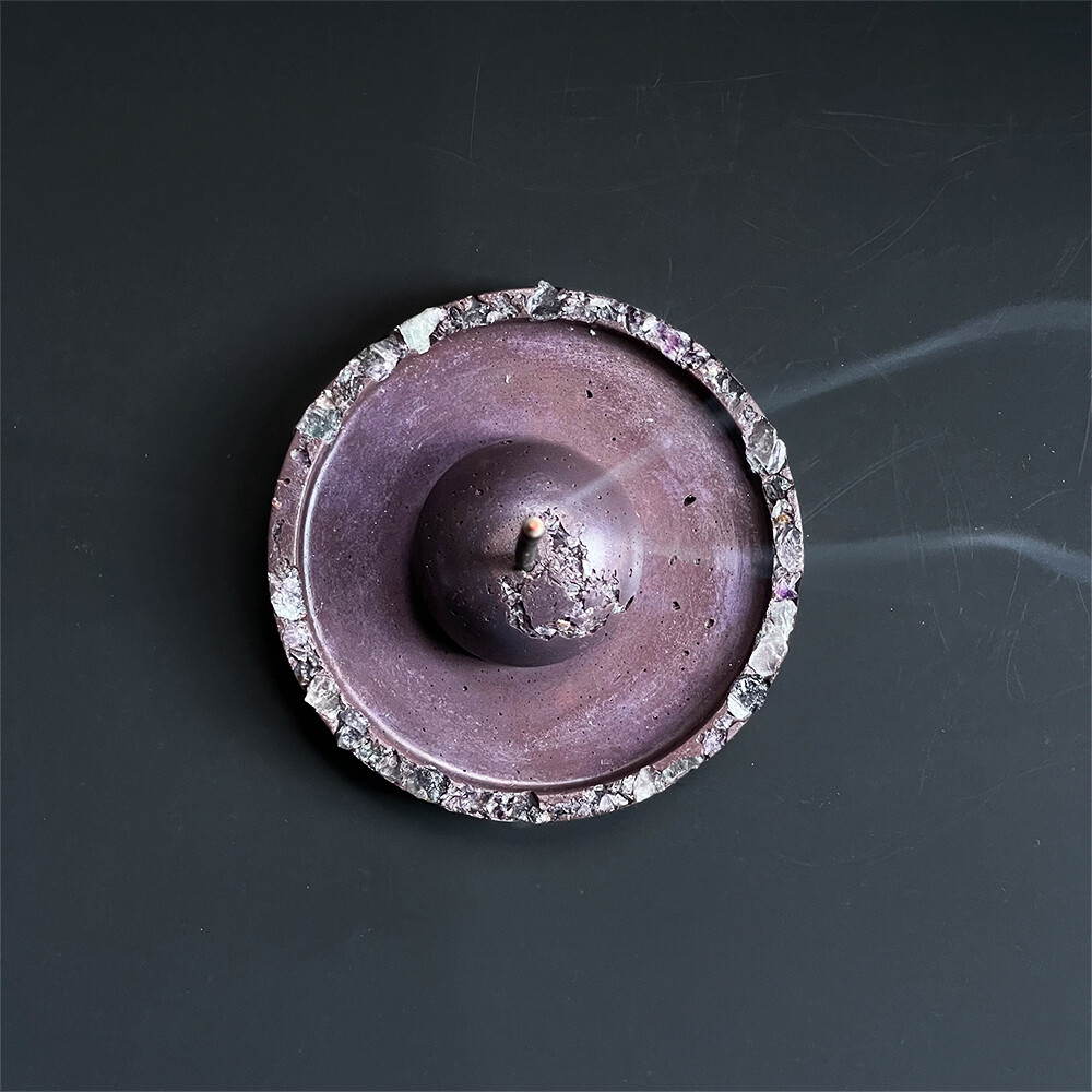 Purple Cement Incense Burner and Tray with Fluorite