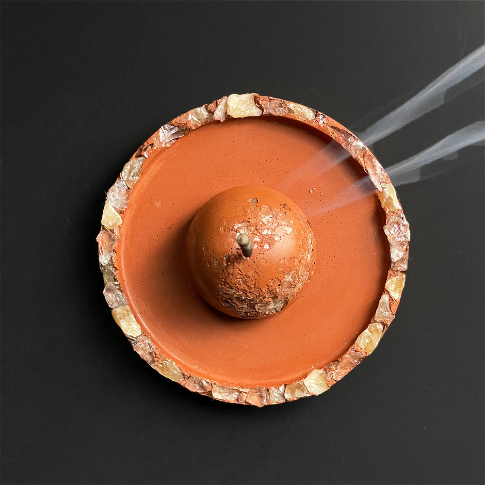 Orange Cement Incense Burner  and Tray with Orange Calcite and Clear Quartz