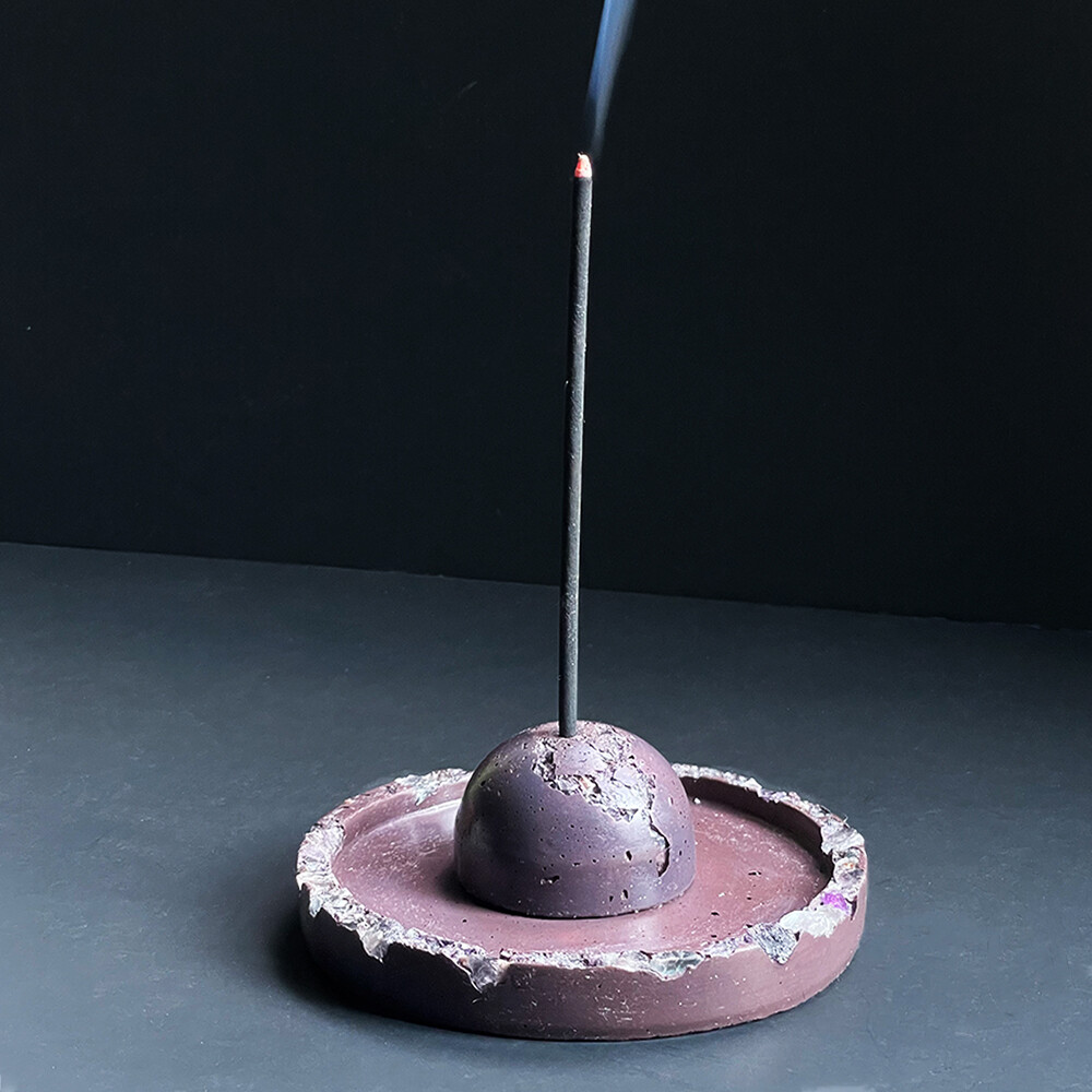 Purple Cement Incense Burner and Tray with Fluorite