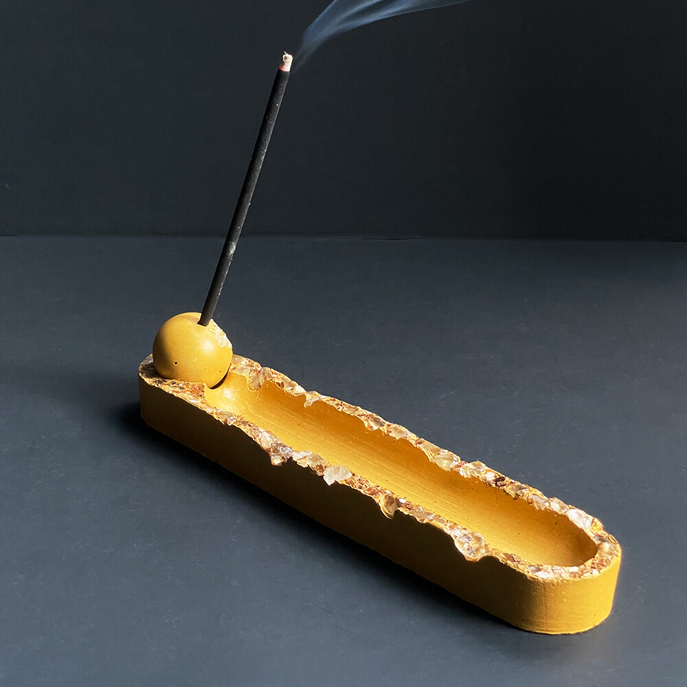 Yellow Cement Incense Burner with Clear Quartz Crystals and Gold Mica