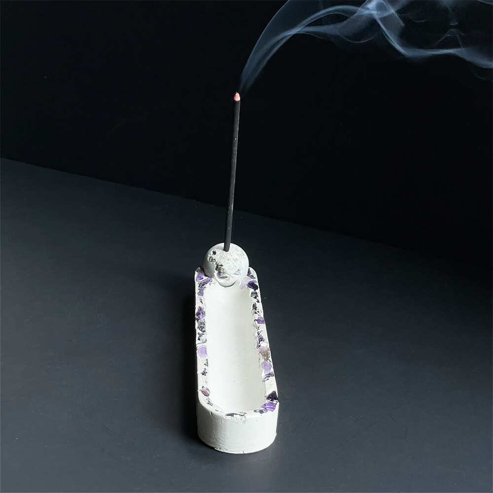White Cement Incense Burner with Amethyst Crystals and Silver Mica