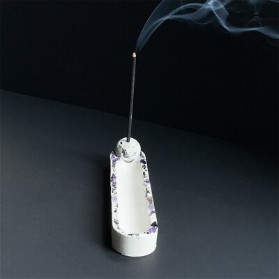 White Incense Burner with Amethyst Crystals and Silver Mica