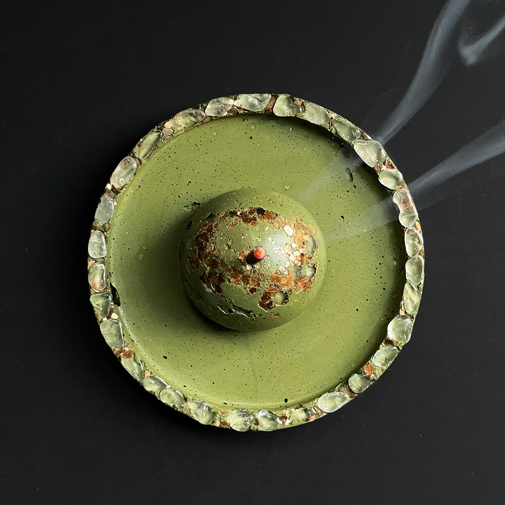 Green Incense Burner with Gold Mica and Clear Quartz Crystals