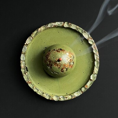 Green Incense Burner with Gold Mica and Clear Quartz Crystals